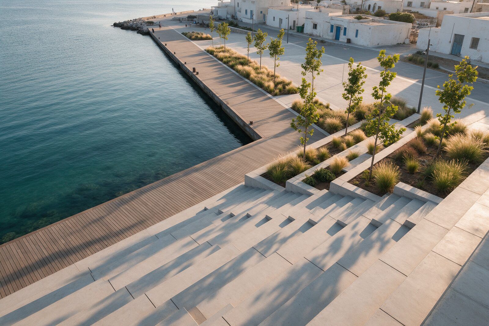 Kıyıda denize inen geniş beton oturma basamakları, ahşap iskele, süs otları ve genç çınarlarla bölünmüş yürüyüş yolu; altın saat